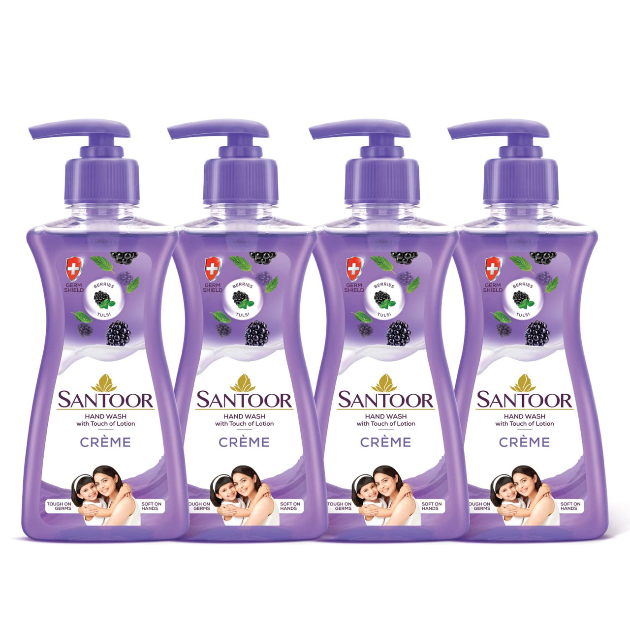 Santoor Crème Handwash 200ml, Pack of 4 with Touch of Lotion| Made with Berries & Tulsi| Rich Lathering Formula with Anti-Bacterial Properties| Soft on Hands| Soothes & Hydrates Skin