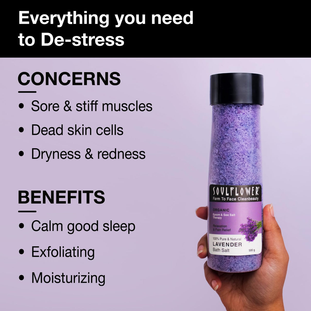 Soulflower Epsom Lavender Bath Salt for Body & Foot Spa, Calming, Relaxing, Muscle Pain Relief, Aromatherapy | Pure & Natural | Sea Salt, Lavender Essential Oil & Vitamin E, 500g (Pack of 1)