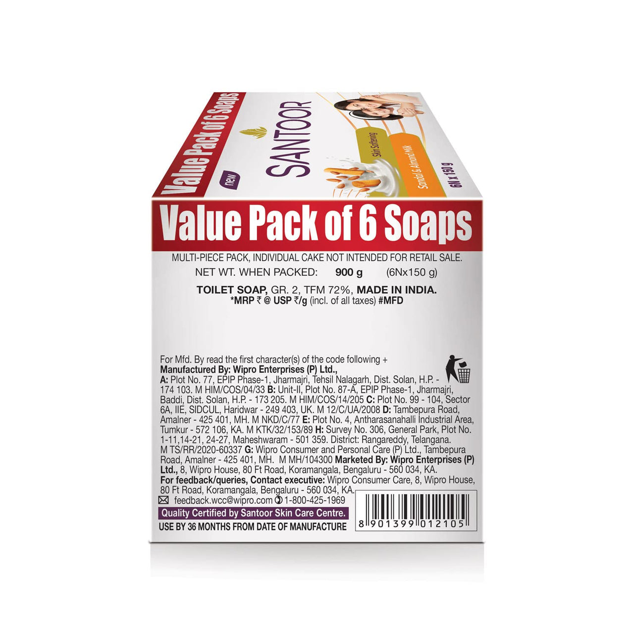 Santoor Sandalwood and Almond milk Organic Soft Bath Soap for Softer, Smoother and Moisturised Skin, Combo Offer 150 g pack of 12