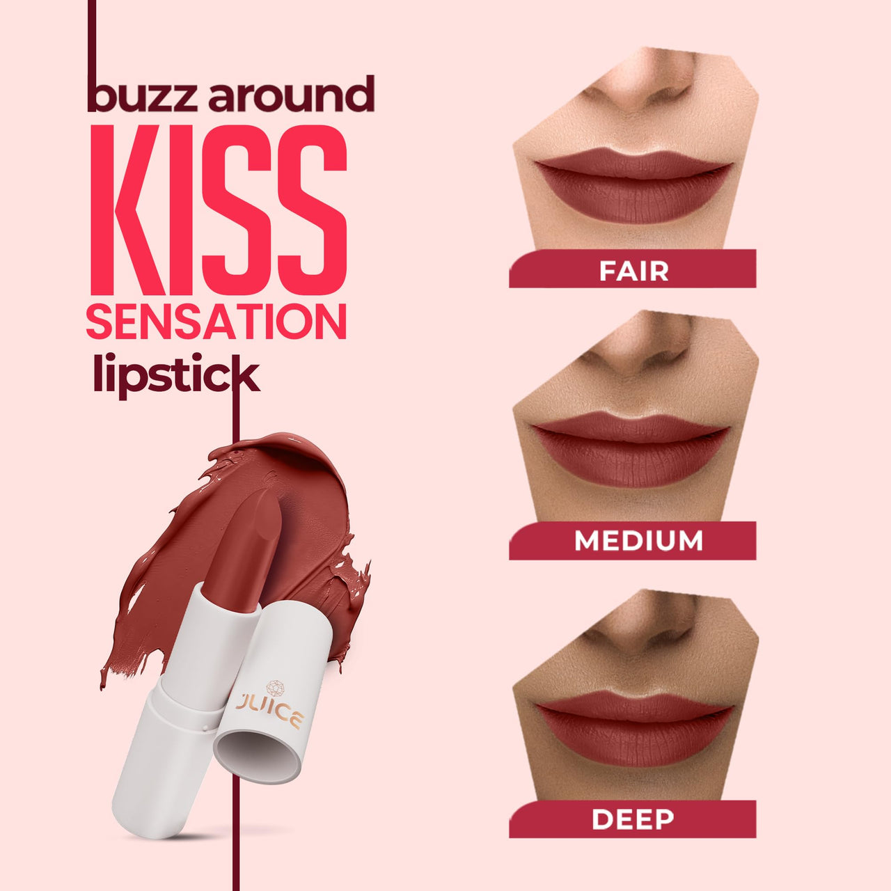 Juice Kiss Sensation Lipstick with Goodness of Bio Retinol, UV Protection & Long lasting Lipstick, Pack of 3 (Balmy Brown - M19, Creamy Nude - M21, Not Really Nude - M22)