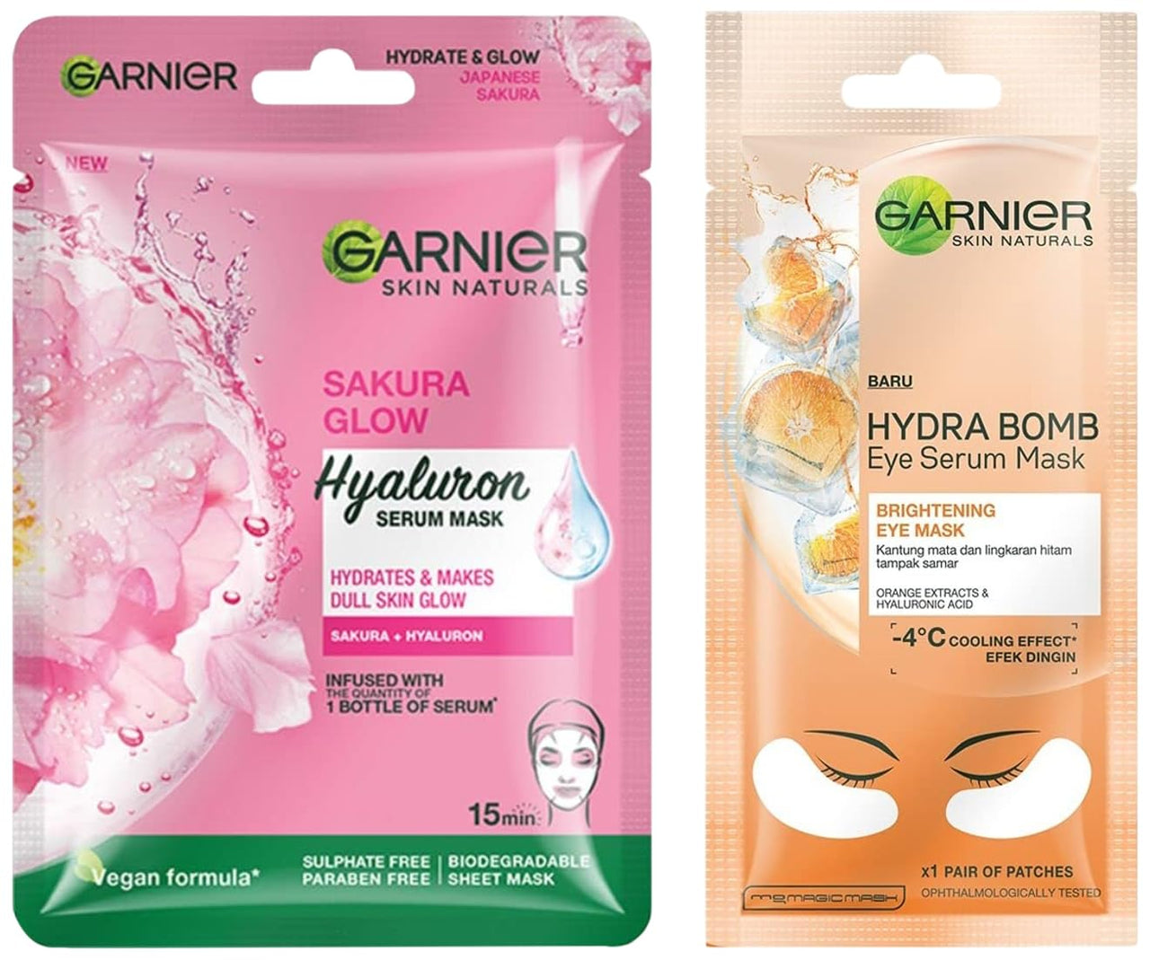Garnier Skin Naturals, Sakura White, Face Serum Sheet Mask (Pink), 32g and Hydra Bomb Eye Serum Mask (Orange), 6 G