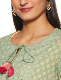 BIBA Womens Tie Up Neck Printed Layered Kurta Churidar with Jacket Set