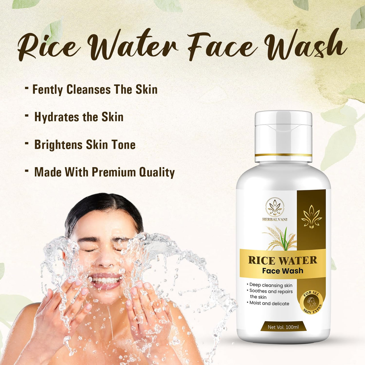 Herbalvani Rice Water Face Wash | Enriched with Rice Water, Niacinamide & Glycolic Acid | Deep Cleansing & Skin Brightening | For All Skin Types | 100ml