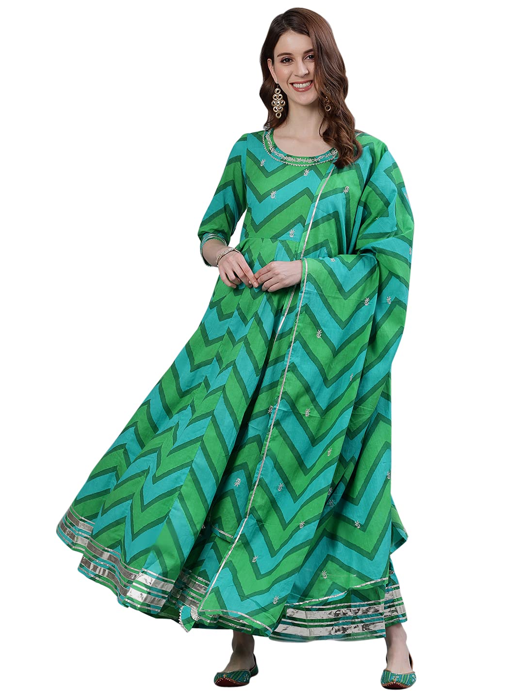 ishin Women's  Cotton Green Embroidered Anarkali Kurta Set with Dupatta