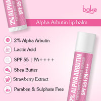 BAKE 2% Alpha Arbutin Tinted Butter Brightening Lip Balm SPF 55 PA++++ with Niacinamide, Lactic Acid | For Dark, Pigmented, Dry & Chapped Lips | Brightens Pigmented Lips | UVA/B Rays Sun Protection - 5g