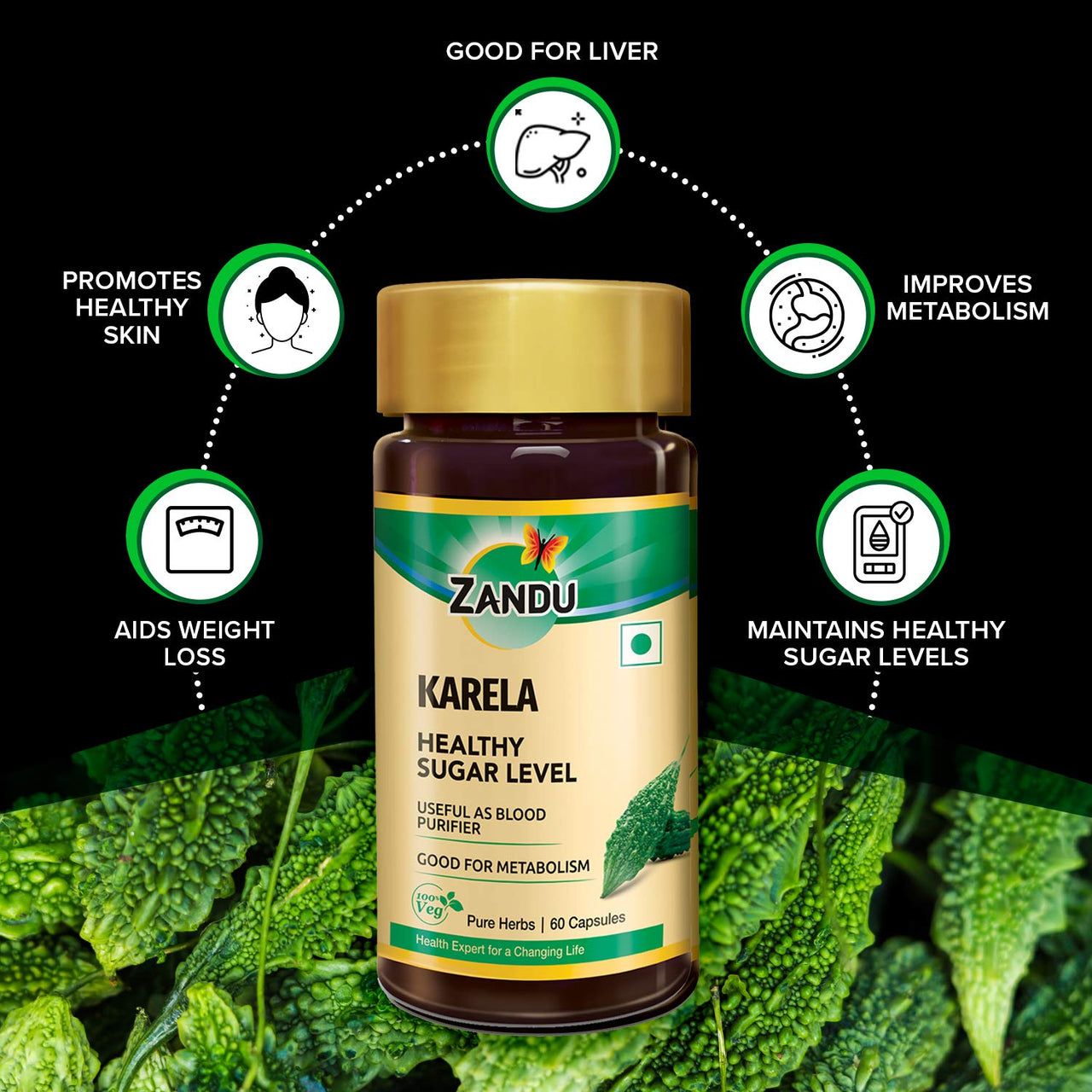 Zandu Karela (Bitter Melon) - 60 Veg Capsules, Helps for Healthy Sugar Levels, Boosting Metabolism & Known for Blood Purification