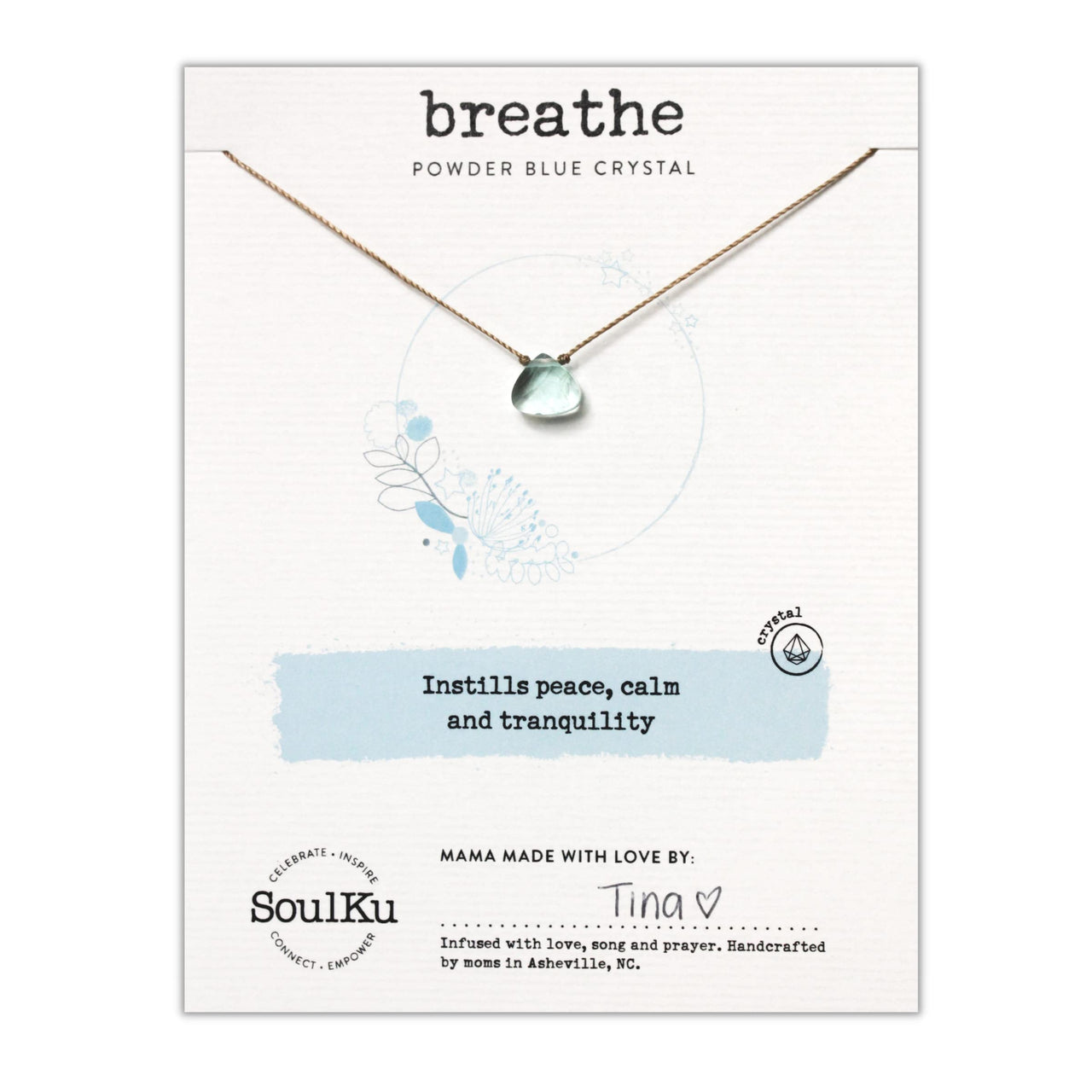 SoulKu Soul Shine Handmade Necklace, Empowering Jewelry With Healing Crystal, Inspirational Jewelry For Women, Mom & Sister, 2"" Extender With Lobster Clasp, 16"" Nylon Cord (Powder Blue, Breathe) Powder Blue