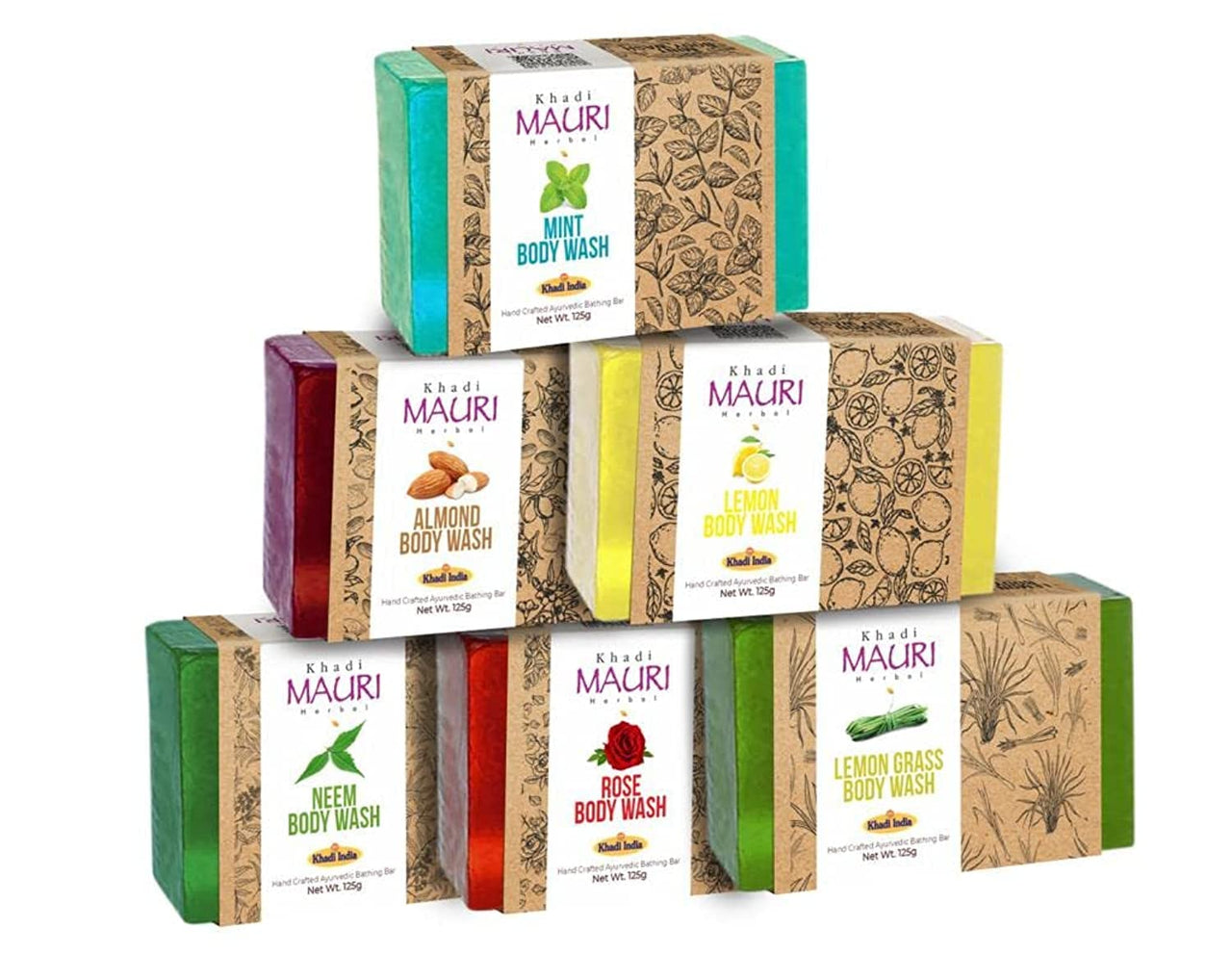 Khadi Mauri Herbal Assorted Ayurvedic Soaps Combo For Glowing Skin, 125 Gm (Pack Of 6)