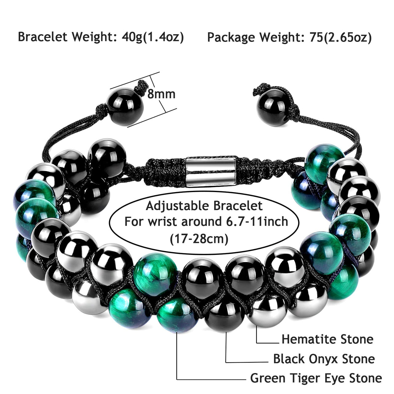 Triple Protection Bracelet 8MM Green Tiger Eye Black Onyx Hematite Stone Bracelet Healing Crystal Natural Stone Bracelet for Men Women Bring Prosperity Luck (8mm Green Tiger Eye/Black Onyx/Hematite) 8mm Green Tiger Eye/Black Onyx/Hematite