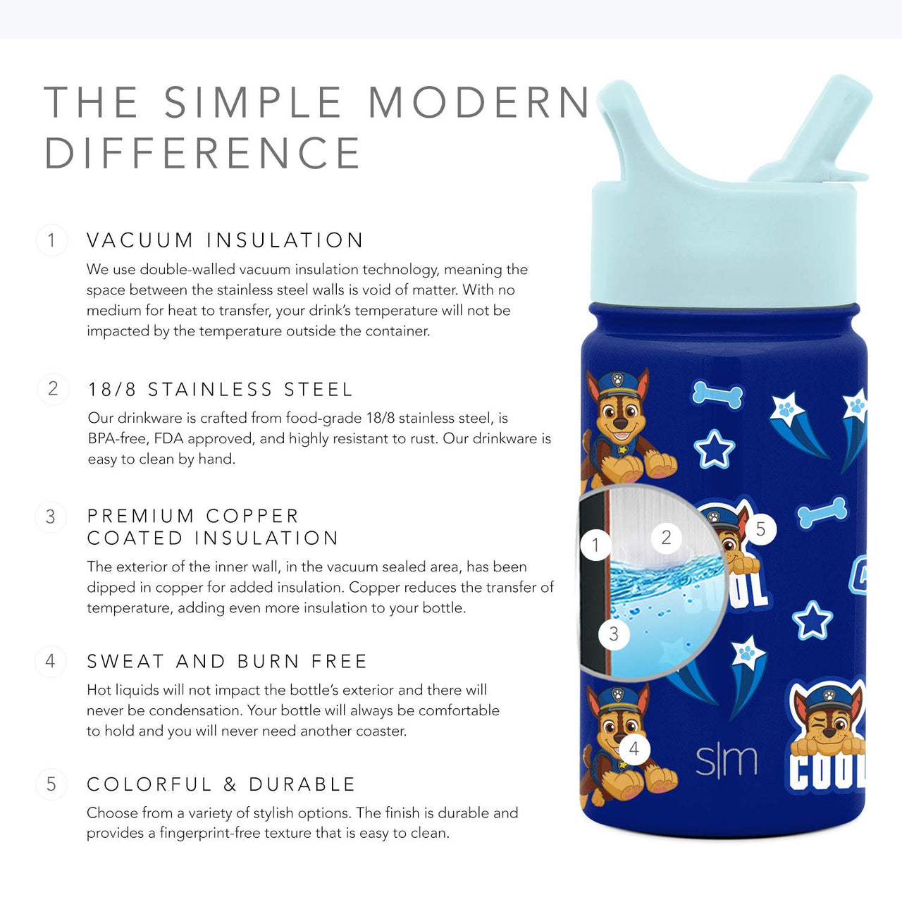 Simple Modern Paw Patrol Kids Water Bottle with Straw Insulated Stainless Steel Toddler Cup for Boys, Girls, School | Summit Collection | 14oz, Chase on the Case Paw Patrol: Chase on the Case