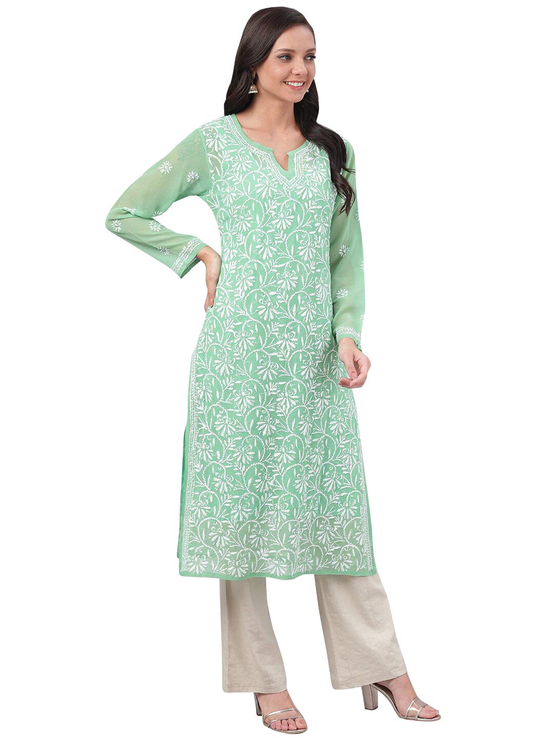 Ada Lucknowi Hand Embroidered Traditional Chikankari Georgette Kurta Kurti with Slip for Women