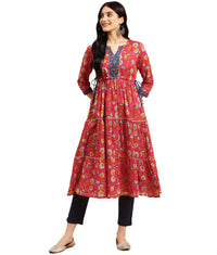 rangita Women Rayon Floral Printed Calf Length Tiered Kurti with Contrast Placket and Side Tie Ups