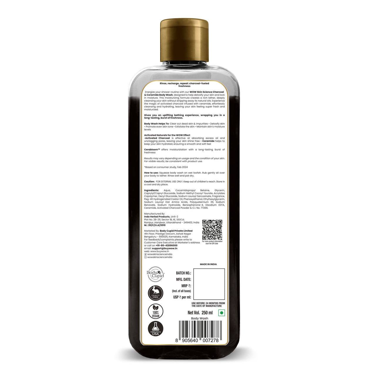 WOW Skin Science Charcoal & Ceramide Body Wash | Clears Skin Impurities | Removes Dirt & Dead Skin | Hydrates and Softens | Detoxifies Skin | Has Long lasting Fragrance | Powered by Cerabloom | 250ml