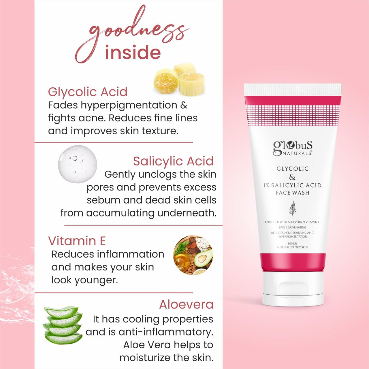 Globus Naturals Pimple Clear Glycolic & 1% Salicylic Acid Face Wash, For Acne & Oil Control, Enriched with Aloe vera & Vitamin E (100ml) (Pack Of 2)