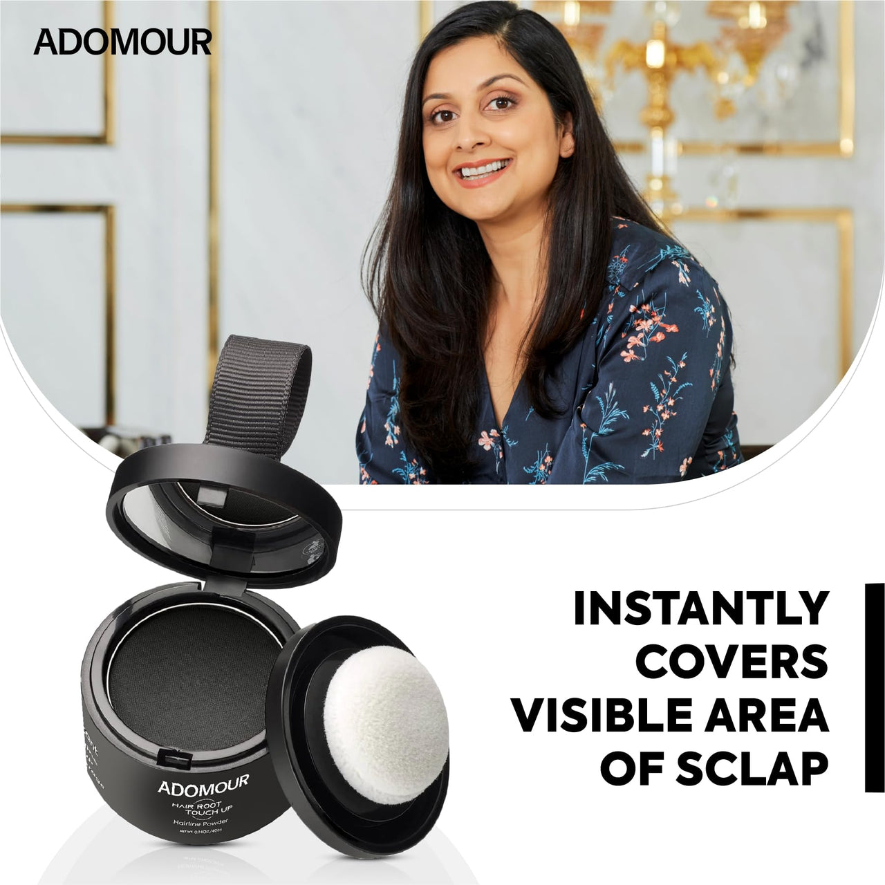 ADOMOUR Root Touchup Powder Black 4g | Covers Hairline, Grey Roots & Bald Spots Instantly | Sweat & Stain Resistant 24HR Formula | Long Lasting & Natural Finish | Cover Up Hair Powder for Men & Women