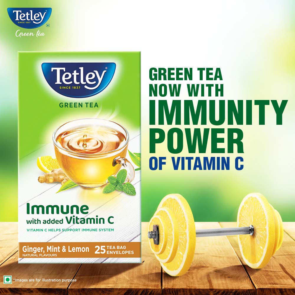 Tetley Green Tea Immune, With Added Vitamin C, Ginger, Mint & Lemon, 25 Tea Bags, 1.4gx25
