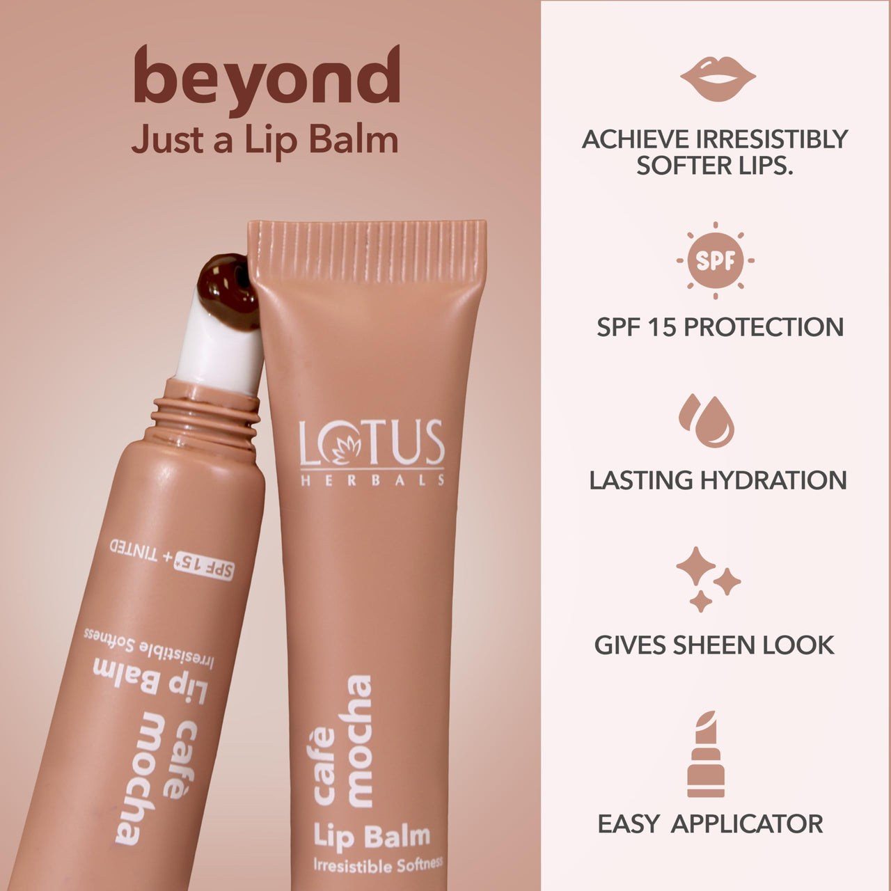 Lotus Herbals Café Mocha Lip Balm with SPF 15 for Dry and Chapped Lips, Moisturises, Softens, and Repairs Skin, Glossy Finish, With Vitamin E, Brown Tint, (Brown,10g)