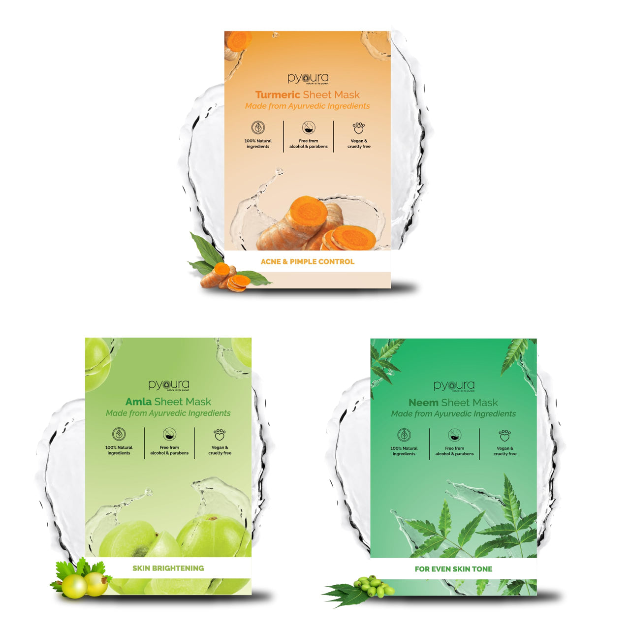 PYOURA Skin Clarifying Face Sheet Mask Combo, Skin-Refreshing & Revitalizing Neem, Turmeric & Amla, Natural, Vegan & Cruelty-Free, For All Skin Types, 3 Masks, Each 23g