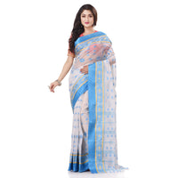 dB DESH BIDESH Women`s Traditional Bengal Phulkoli Woven Design Pure Handloom Cotton Saree Without Blouse Piece White Red