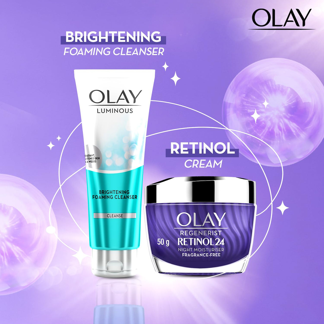 Olay Retinol Kit For Overnight Repair|Retinol Cream With Free Cleanser|Plumper, Younger Looking Skin|24H Hydration|Fragrance Free|Normal, Oily, Dry,Combination Skin|Paraben & Sulphate Free|Pack Of 2