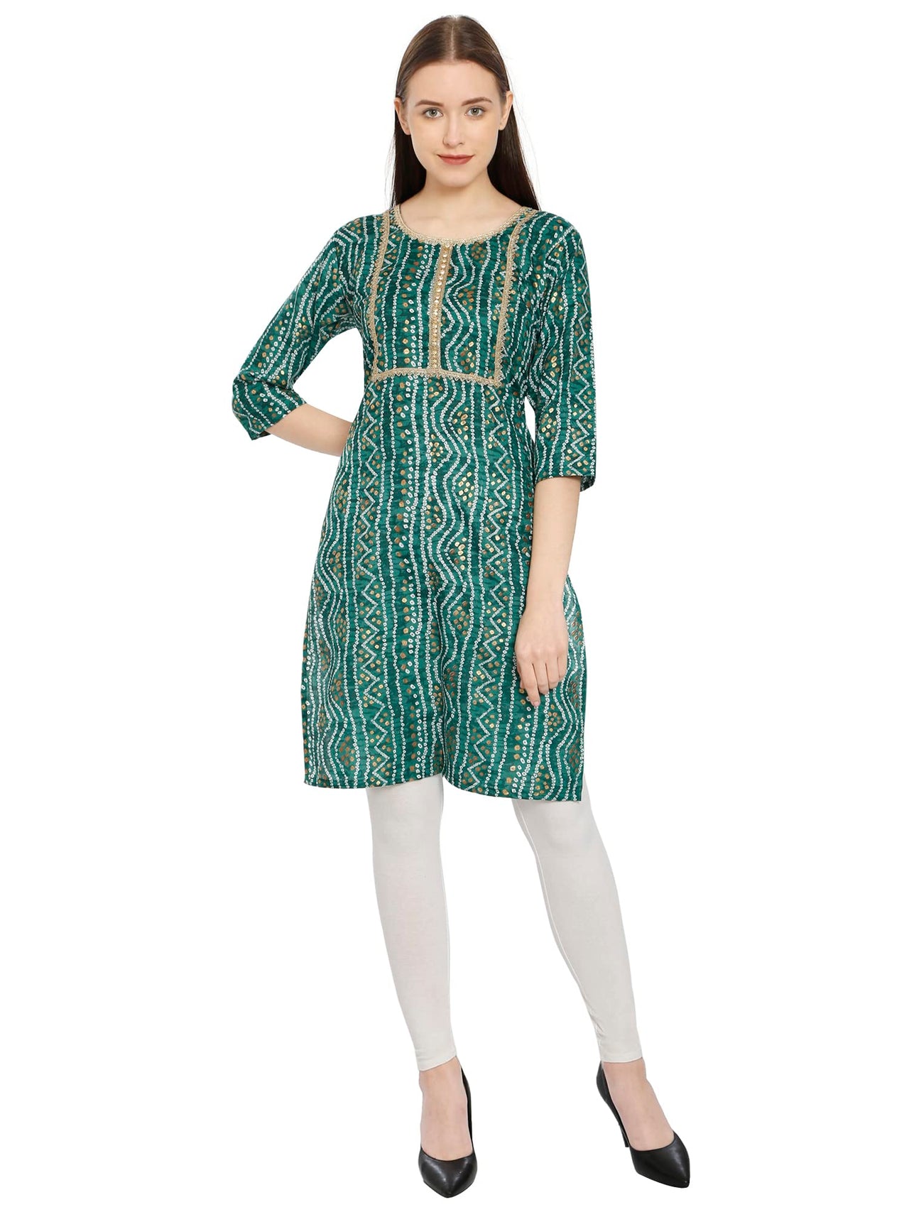 InTrend Forever Bandhani Foil Print Designer || Cotton Kurta for Ladies || Straight Fit || Zari & Sequins lace || Kurtis for Women