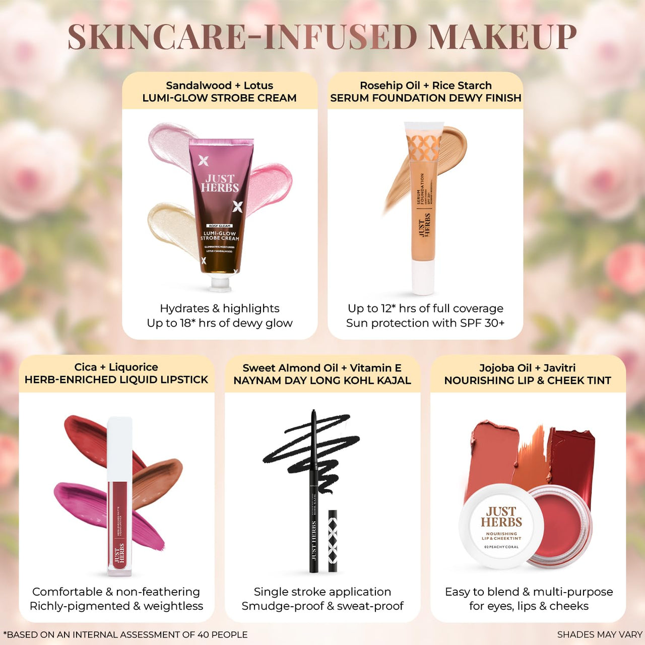 Just Herbs Wedding Kit Glam Essentials with Matte Lipstick | Lip & Cheek Tint | Strobe Cream | Kajal | Sindoor | Eyeshadow Palette | Nail Paint | Serum Foundation | Blush Drops All in One Makeup Gifting Kit for Women (Pack of 9)