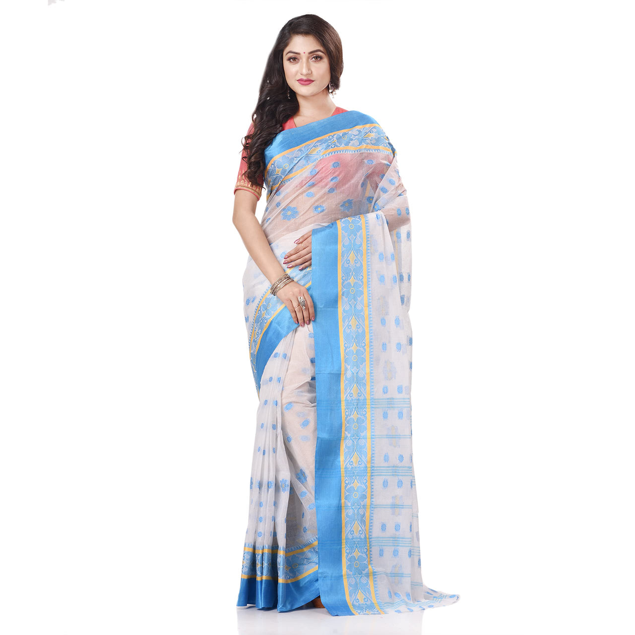 dB DESH BIDESH Women`s Traditional Bengal Phulkoli Woven Design Pure Handloom Cotton Saree Without Blouse Piece White Red