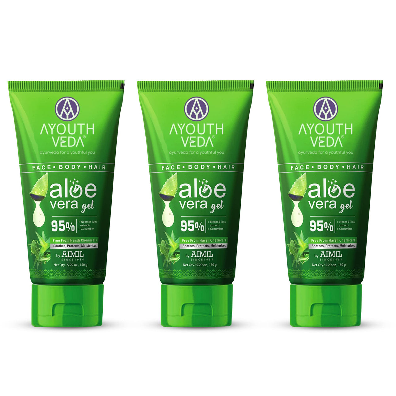 Ayouthveda Aloe Vera Gel 150 gm for Face, Body & Hair | Aloe Vera Skin/Hair Gel With Neem & Tulasi Vitamin Extracts | Calms Sunburn & Promotes Even Skin Tone (Pack Of 3;150ml each)