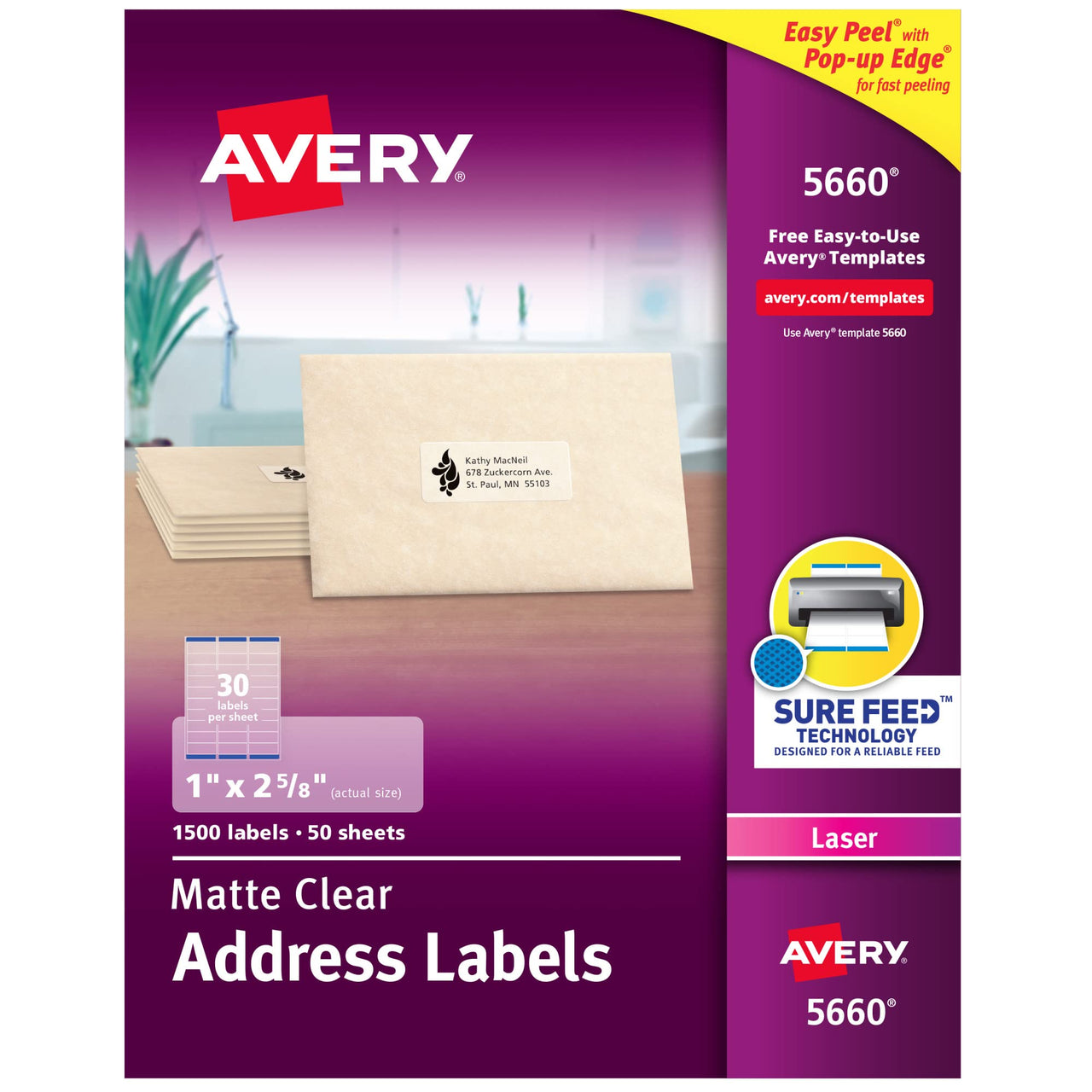 Avery Printable Address Labels with Sure Feed, 1" x 2-5/8", Matte Clear, 1,500 Blank Mailing Labels (05660) 1,500 labels