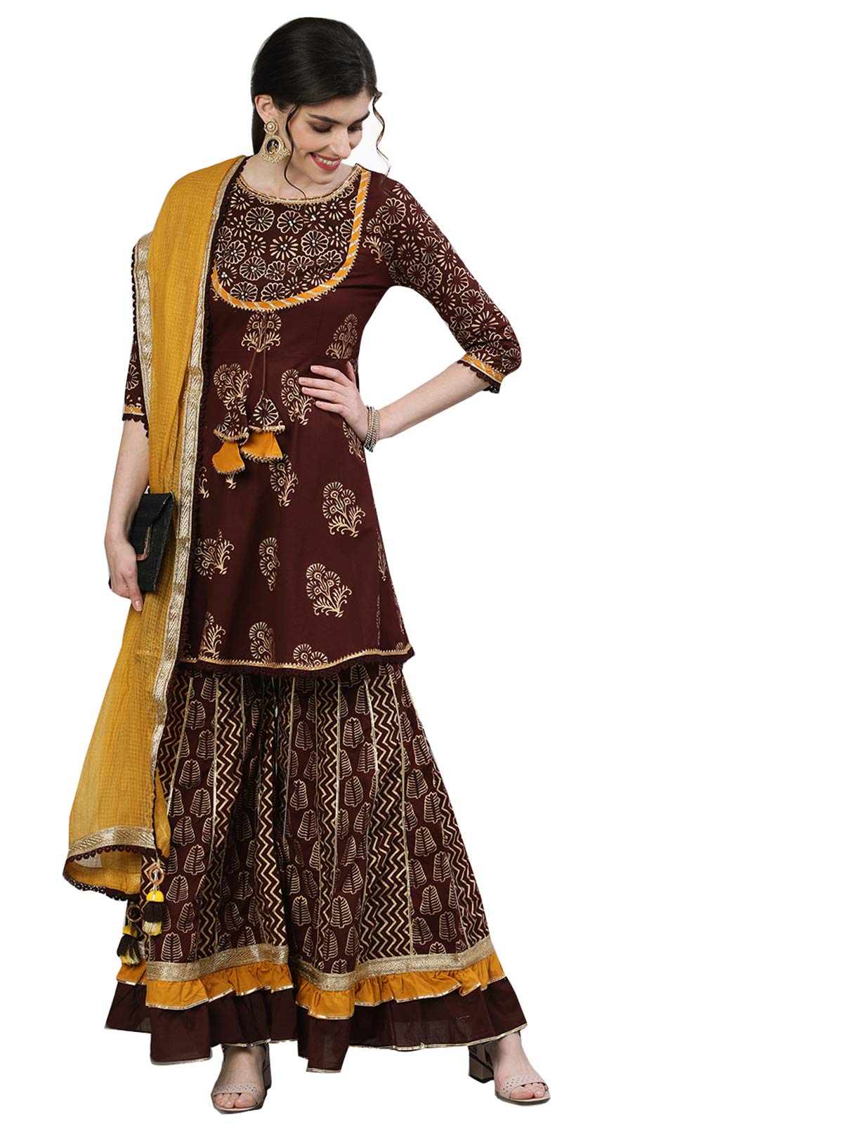 Ishin Women's  Cotton Brown Embellished Peplum Kurta Sharara Dupatta Set