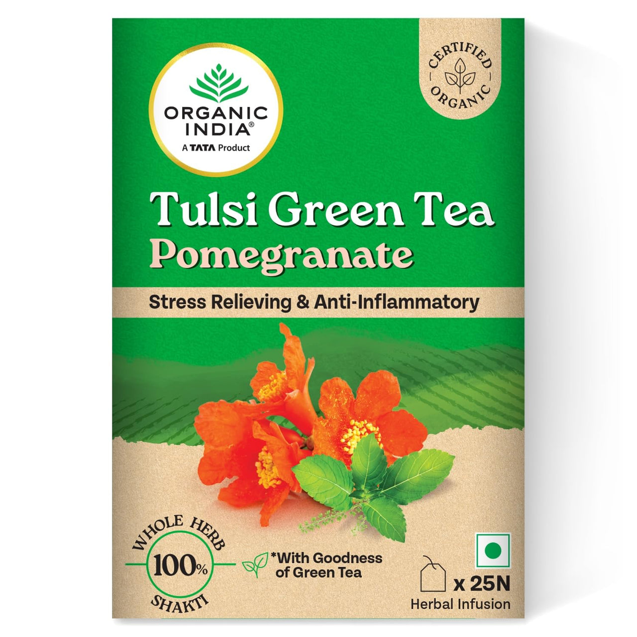 A TATA Product - Organic India Tulsi Green Tea Pomegranate - 25 Tea Bags, Certified Organic, Stress Relief, Rich in Antioxidant, Tulsi & Pomegranate Infusion