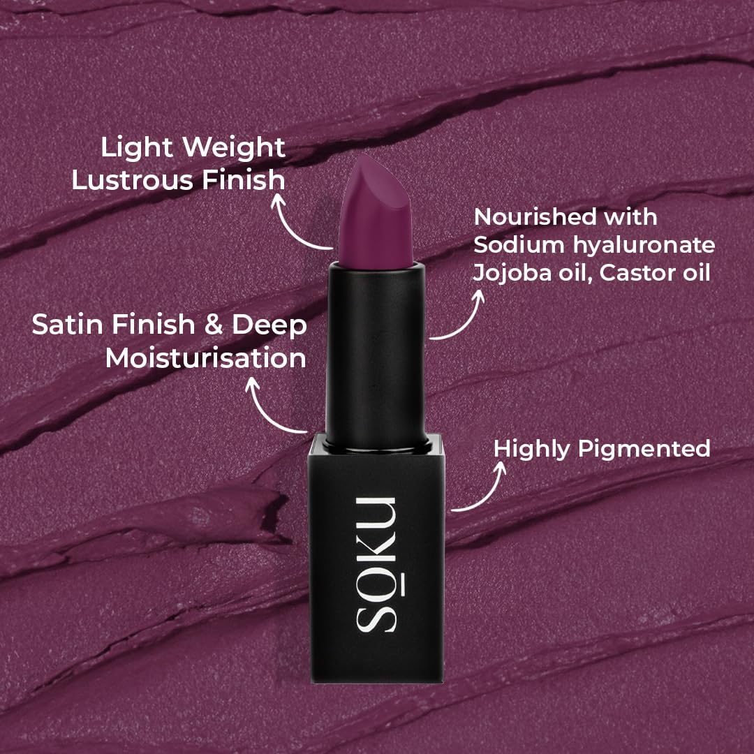 SOKU Censored Matte Long Lasting Lipstick for Women | Creamy Lipstick | Enriched with Jojoba Oil | Moisturising & Waterproof | Smooth Finish & Lightweight (Velvet Vine-12) - 4.2g