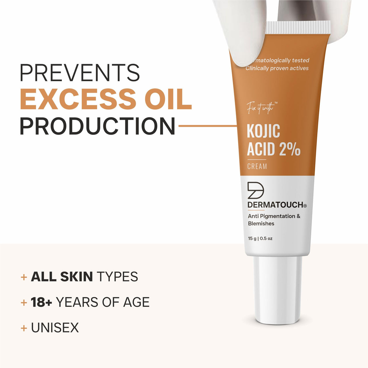 DERMATOUCH Kojic Acid 2% Cream | Non-greasy | For Pigmentation, Blemishes and Dark Spots reduction - 15G