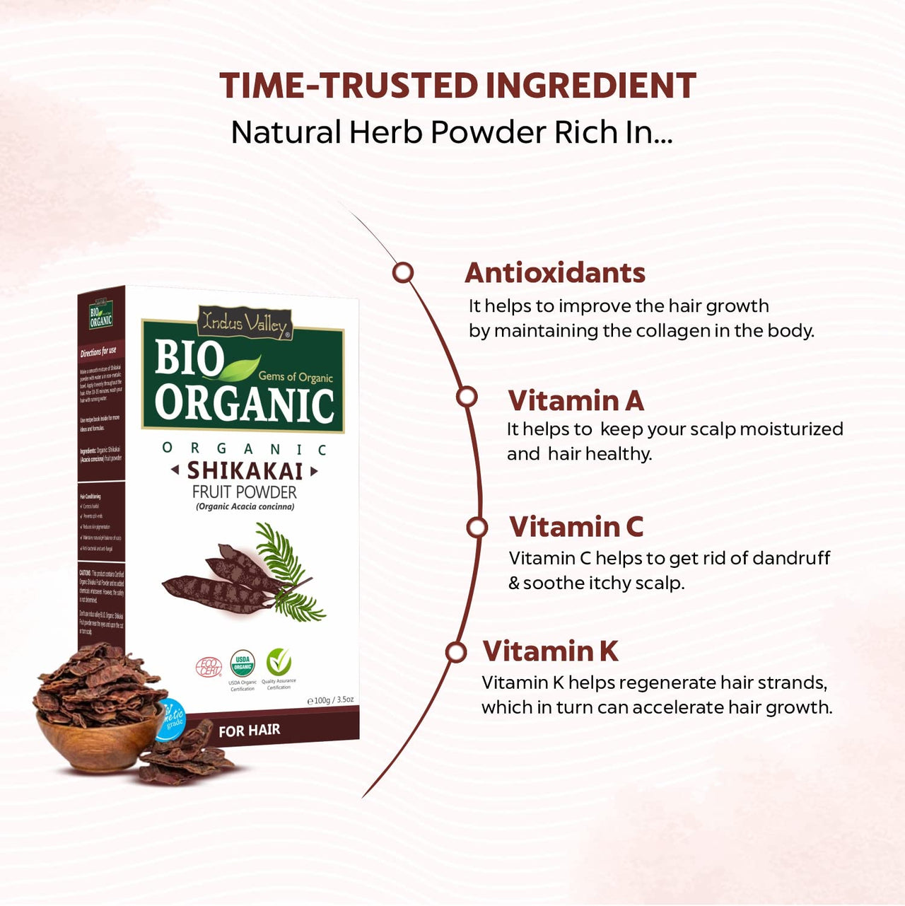 INDUS VALLEY Organic Shikakai Powder for Frizzy, Soft & Shiny Hair | Acacia Concinna For Hair Care | Strengthening, Nourish, Conditioner & Cleanser - (100G), 1 Count