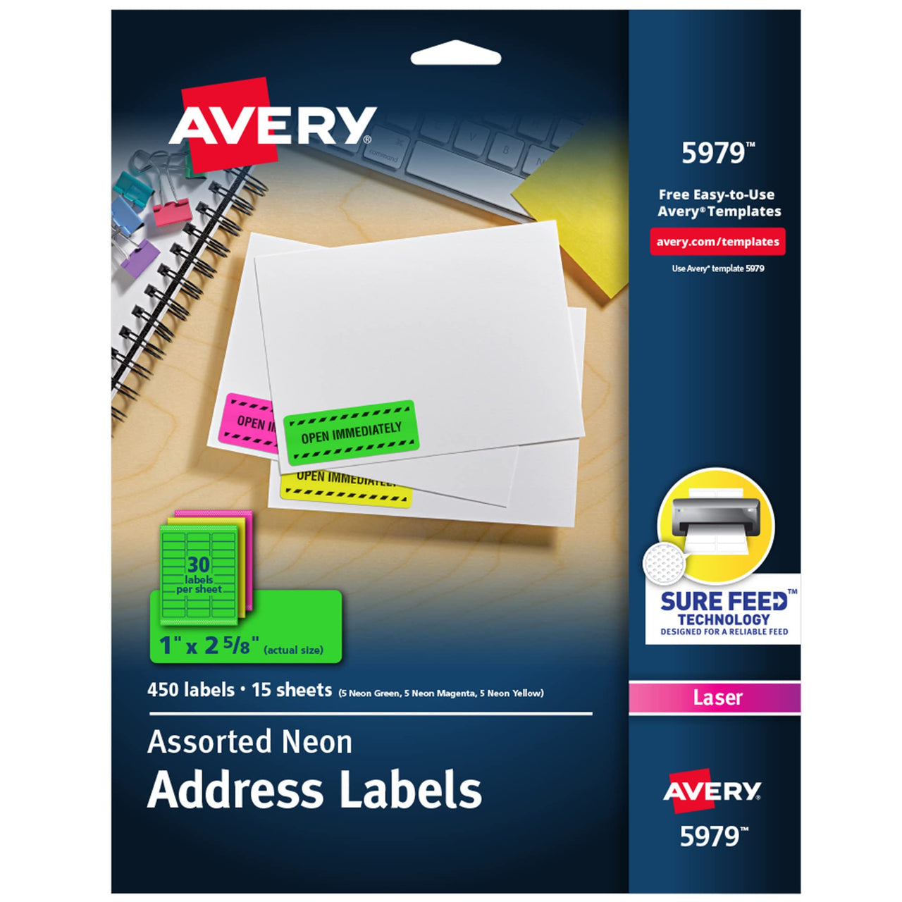 Avery Printable Address Labels with Sure Feed, 1" x 2-5/8", Assorted Neon (Magenta, Green and Yellow), 450 Blank Mailing Labels (5979) 450 labels