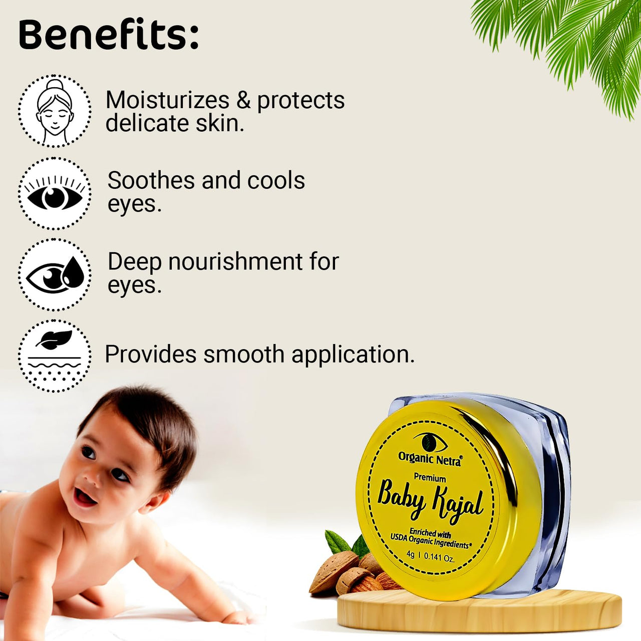 "Organic Netra Baby Kajal 4g for Newborns Water-Resistant Smudgeproof Longlasting Enriched with Natural Organic Ingredients Safe for Sensitive Baby Skin No Harmful Chemicals Matte Finish