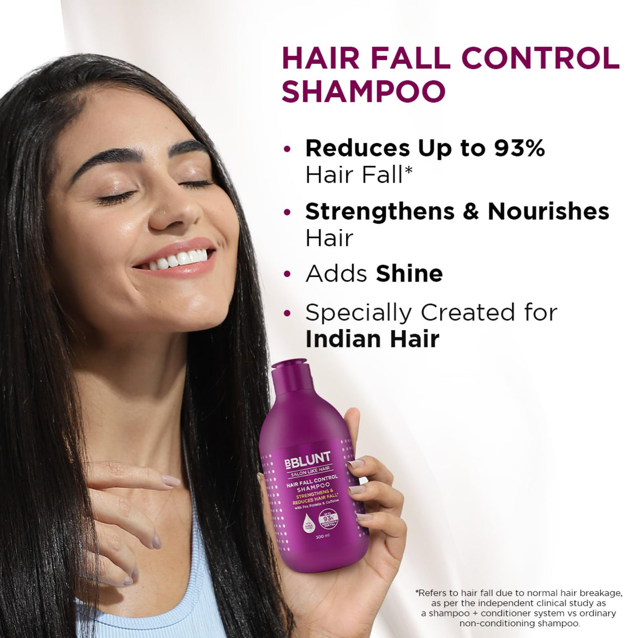 Bblunt Hair Fall Control Shampoo with Pea Protein & Caffeine for Stronger Hair | Reduces Up to 93% Hair Fall | Adds Shine | 300 ml