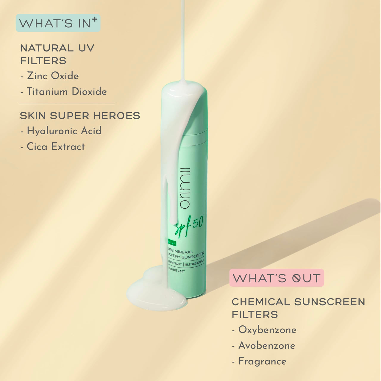 Orimii 100% Pure Mineral Sunscreen SPF 50 with Watery Texture & Zero White Cast | Super Lightweight & Blends Easily on Skin | With Zinc Oxide & Hyaluronic Acid | Fragrance Free & Pregnancy Safe 50ml