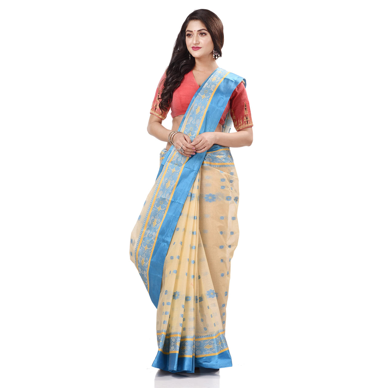 dB DESH BIDESH Women`s Traditional Bengal Phulkoli Woven Design Pure Handloom Cotton Saree Without Blouse Piece White Red