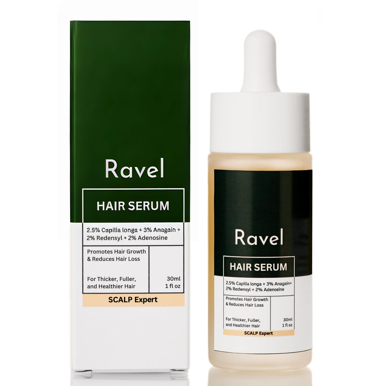 Ravel Advanced Hair Serum | 2.5% Capilia Longa + 3% Anagain + 2% Redensyl + 2% Adenosine, Rosemary & Pumpkin Seed | Promotes Hair growth | Hair Serum for Men & Women | 30ml