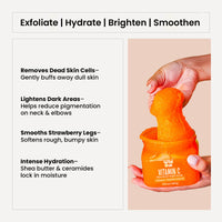 WildOak Vitamin C Sugar Body Scrub | 300g | Kojic Acid, Hyaluronic Acid, Ceramides, Collagen & Peptides | De-Tan & Brightens Dark Areas | Smooths Strawberry Legs & Arms | Hydrates & Exfoliates