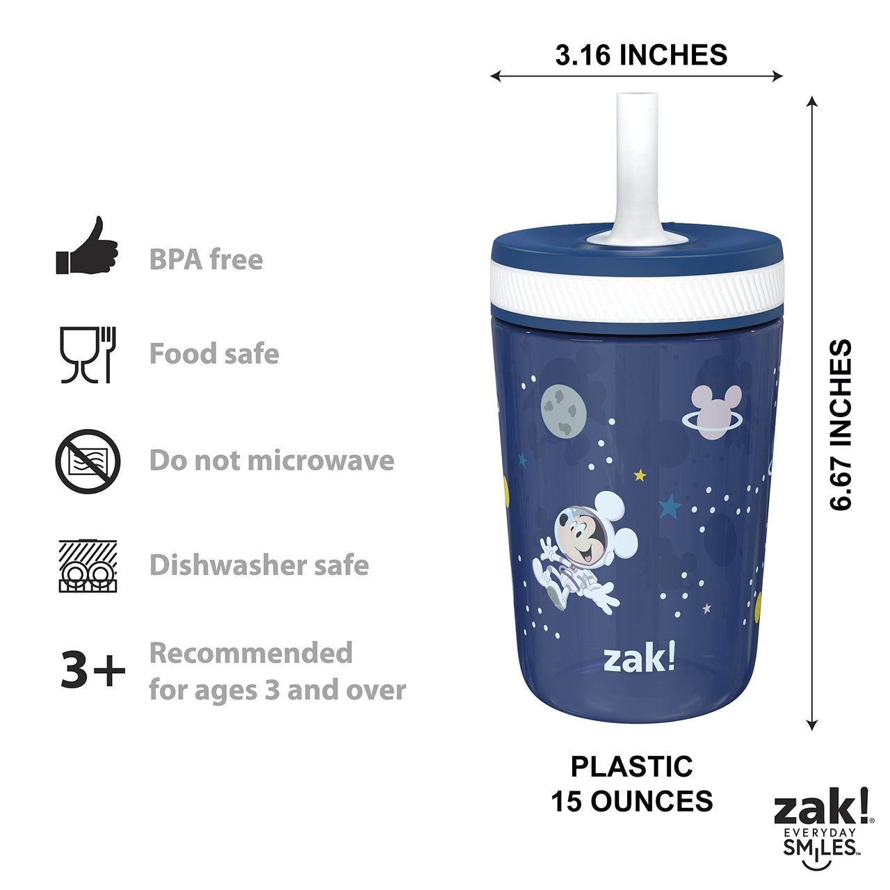 Zak Designs Disney Mickey Mouse Kelso Tumbler Set, Leak-Proof Screw-On Lid with Straw, Bundle for Kids Includes Plastic and Stainless Steel Cups with Bonus Sipper (3pc Set, Non-BPA)15 fl oz. Classic