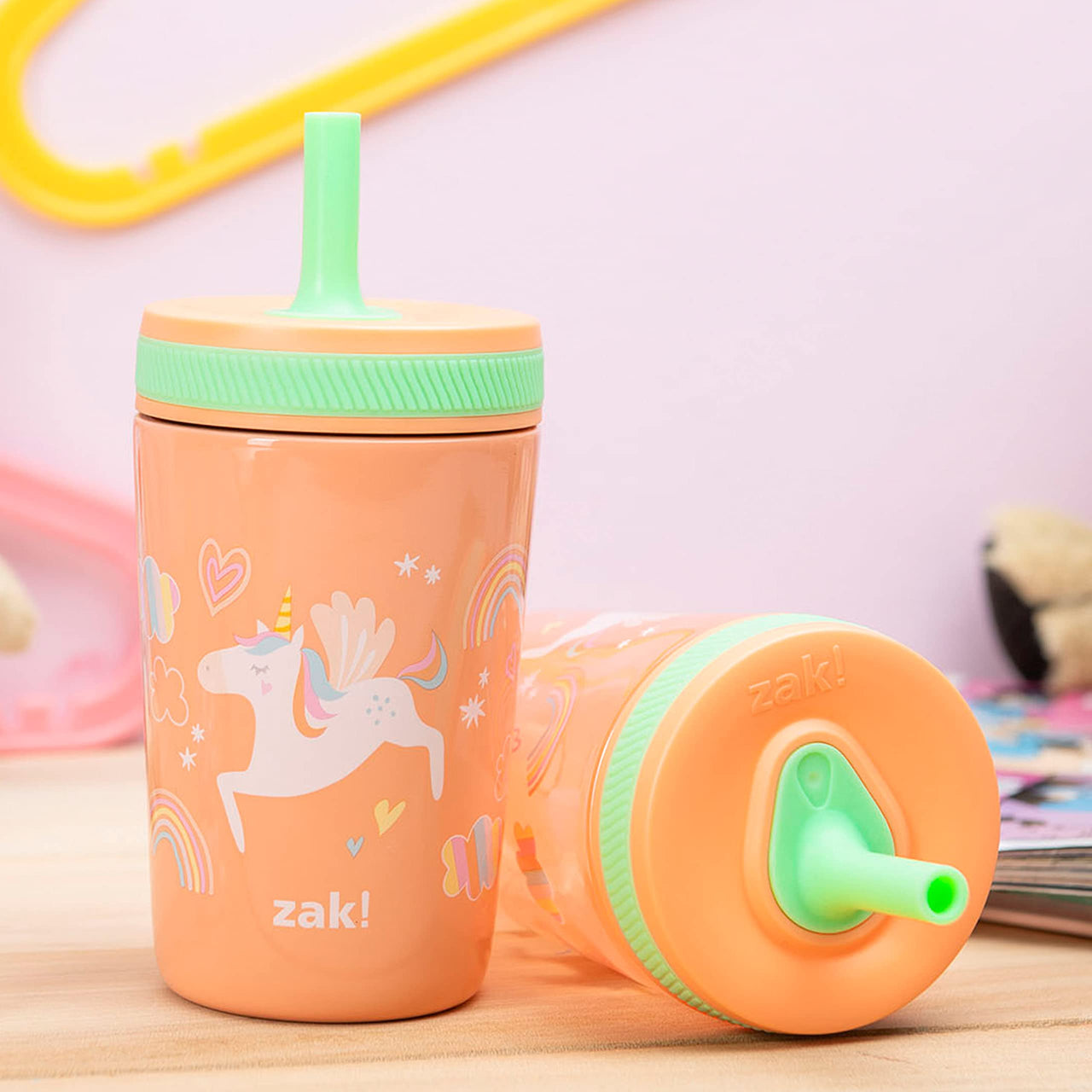 Zak Designs Unicorn Kelso Tumbler Set, Leak-Proof Screw-On Lid with Straw, Bundle for Kids Includes Plastic and Stainless Steel Cups with Bonus Sipper, 3pc Set, Non-BPA, 15 fl.oz. Classic