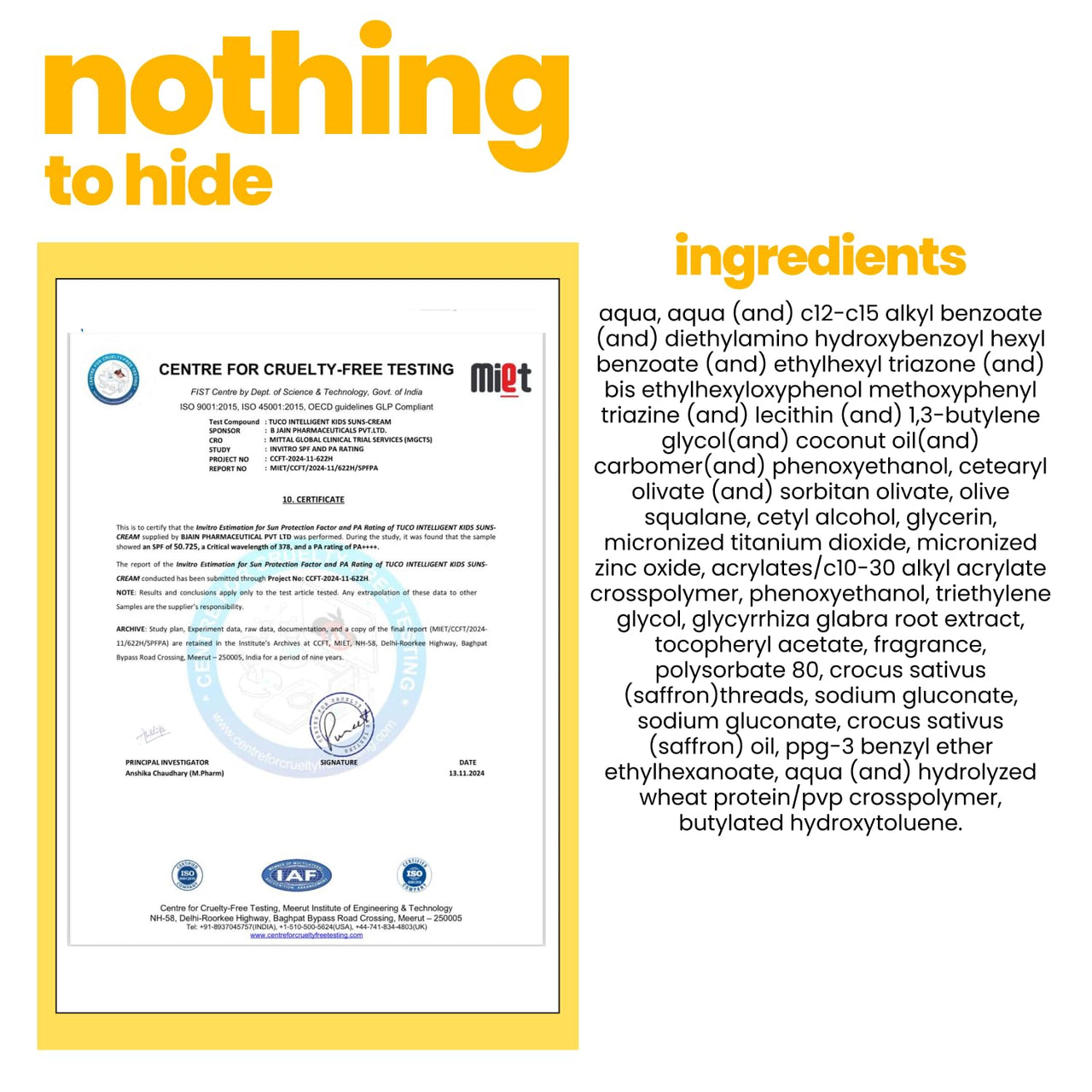 Tuco® Kids 2 in 1 Face Cream + Sunscreen SPF 50 with Saffron oil | UVA/UVB PA++++ | Broad Spectrum | Benzophenone- 3 and Avobenzone Free | Ages 2-5, 5-10, 10-15 | 50gm |