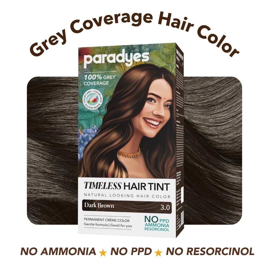Paradyes Dark Brown Timeless Hair Tint, Permanent Crème Hair Colour for Natural-Looking Results, Complete Grey Coverage, Long-Lasting Formula Free from PPD, Ammonia, & Resorcinol, 3.0 Dark Brown
