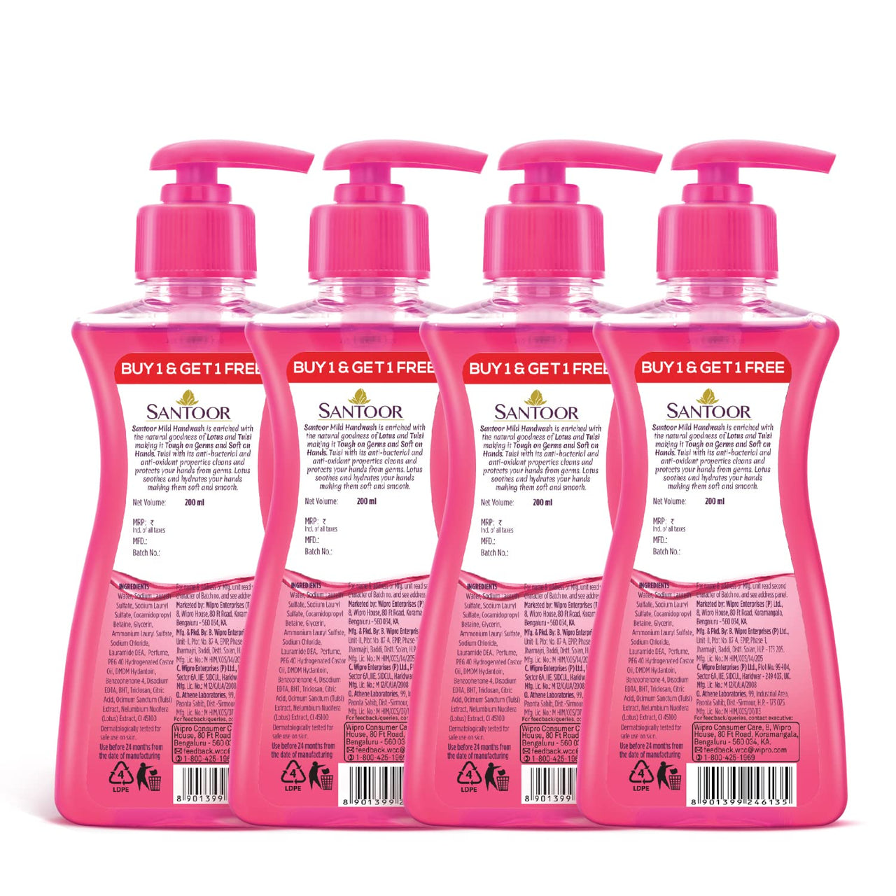 Santoor Mild Gentle Hand Wash 200ml, Pack of 4 with Goodness of Lotus & Tulsi| Rich Lathering Formula with Anti-Bacterial Properties| Soft on Hands| Soothes & Hydrates Skin