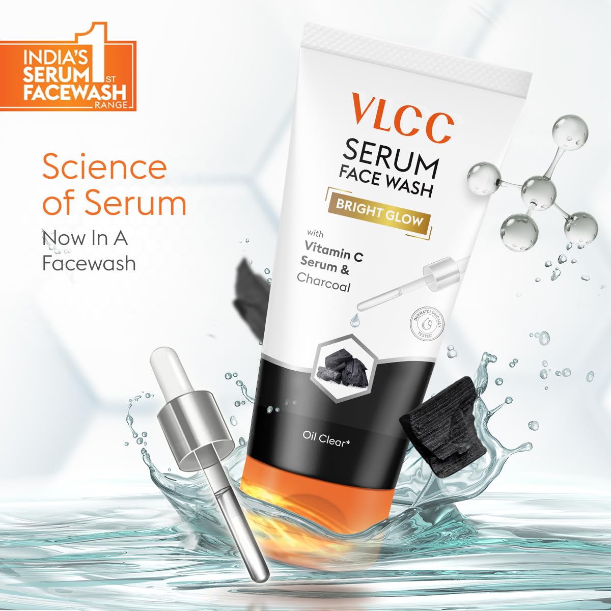 VLCC Serum Facewash - 100ml | with Vitamin C Serum Rich in Antioxidants & Charcoal for Oil Control and Detoxifies Skin & Bright Glow | Dermatologically Tested