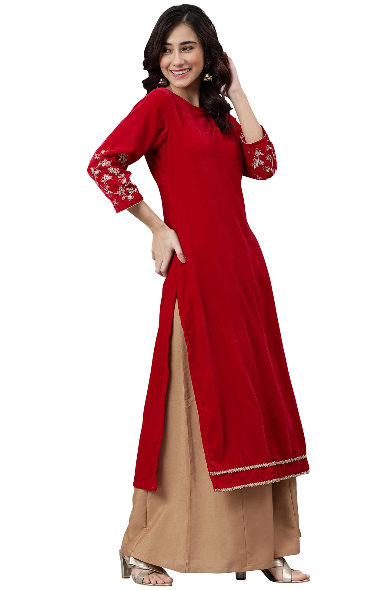 Janasya Women's  Red Velvet Kurta With Palazzo and Dupatta