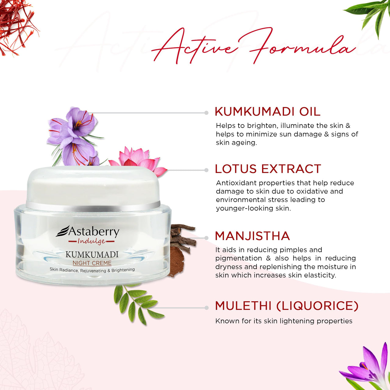 Astaberry Indulge Kumkumadi Night Cream for Glowing Skin | Dark Spot Reduction | Rejuvenates Dull Skin | For Normal, Oily, Acne-Prone, Combination Skin | 50 g