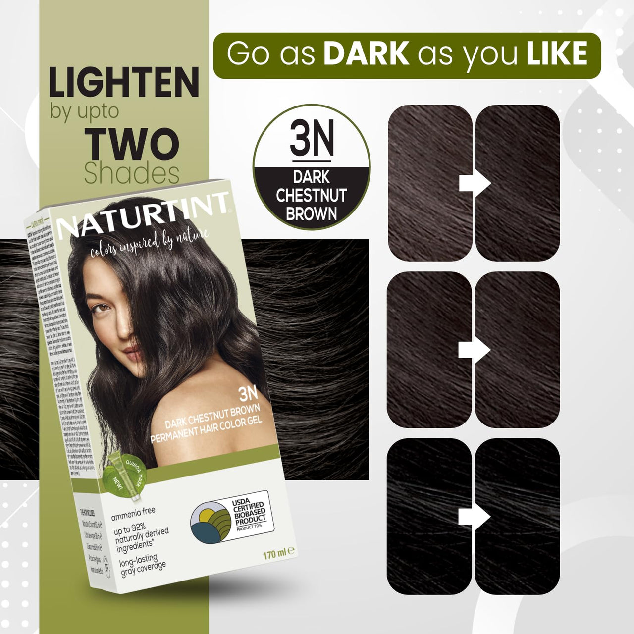 Naturtint Permanent Hair Colour Dark Brown 3N | For Optimal Scalp Care| 100% Grey Coverage | Long Lasting Hair Colour | Ammonia Free Vegan | No Parabens | Enriched with Olives & Organic Shea Butter